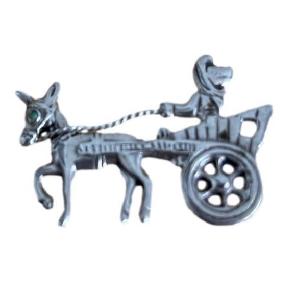 Vintage Mexican Silver 925 Donkey and Cart Pin with GenuineTurquoise Eye - Picture 10 of 10